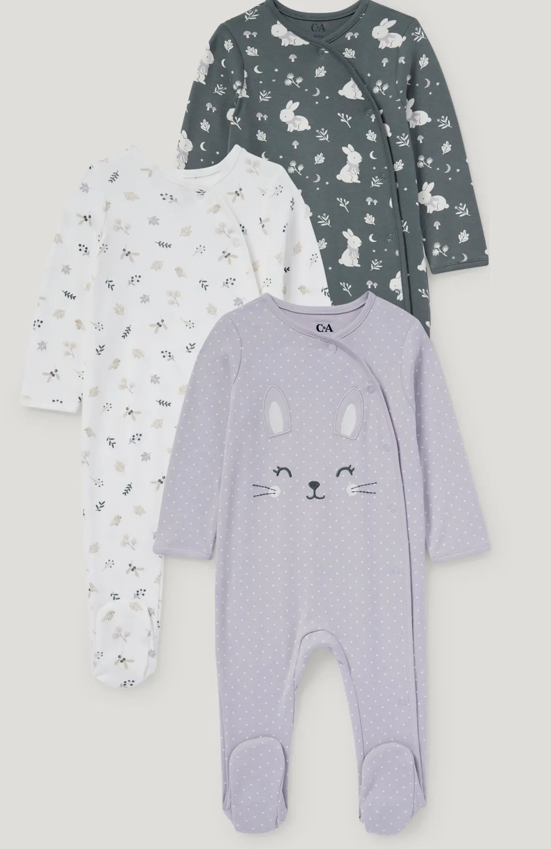 Pack of 3 baby Sleepsuits - Lilac kitty