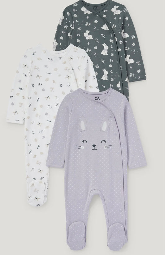 Pack of 3 baby Sleepsuits - Lilac kitty