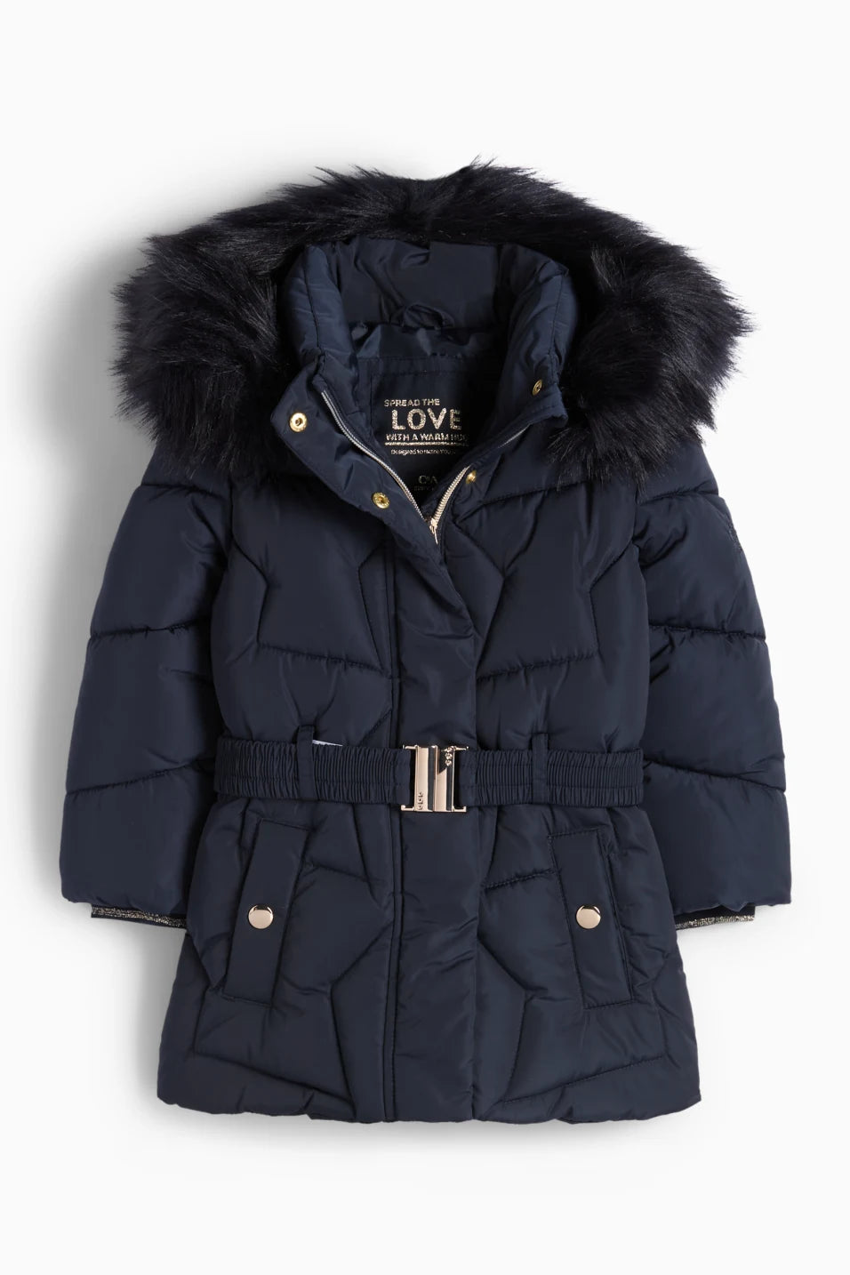 Quilted jacket with hood and faux fur trim - Navy