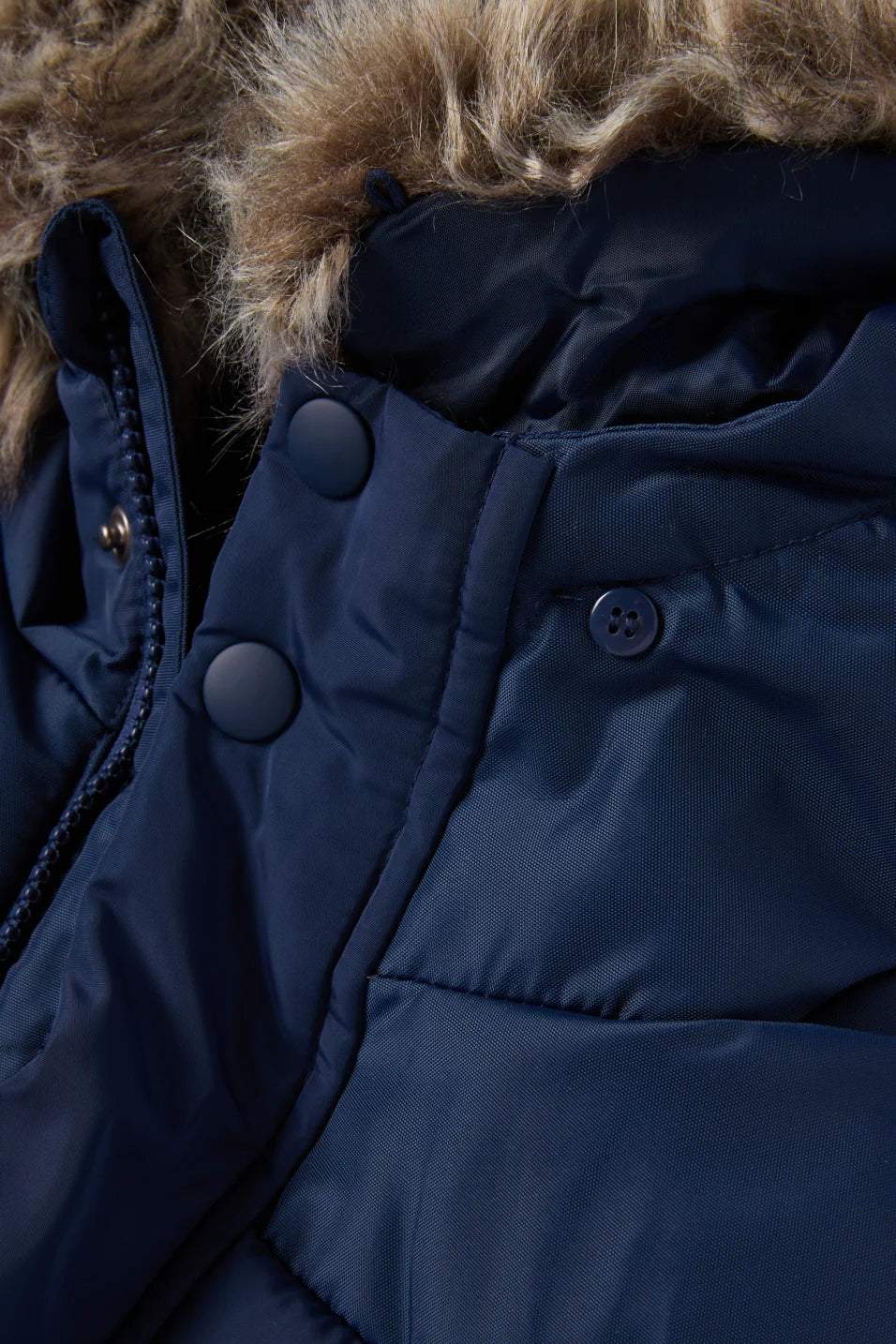 Quilted jacket with hood and faux fur trim