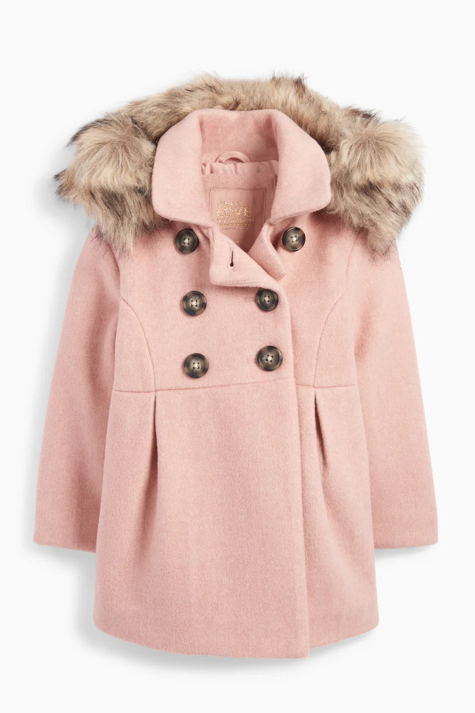 Hooded coat with faux fur trim