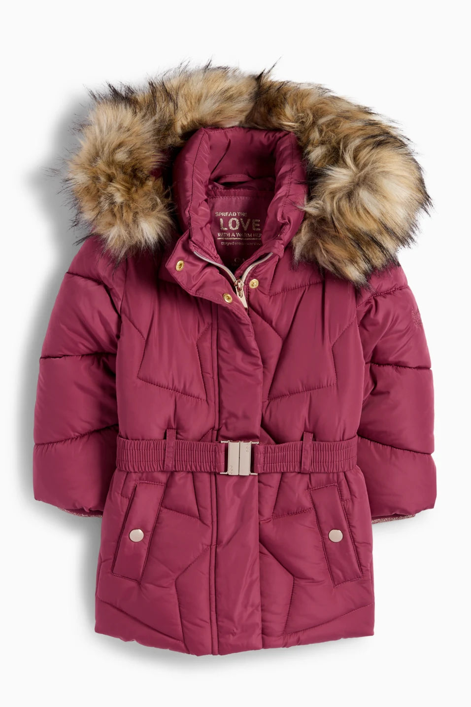 Quilted jacket with hood and faux fur trim