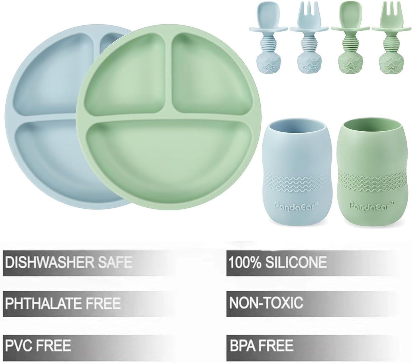 4 pieces set - Divided Suction Plate with Cup, Spoon & Fork