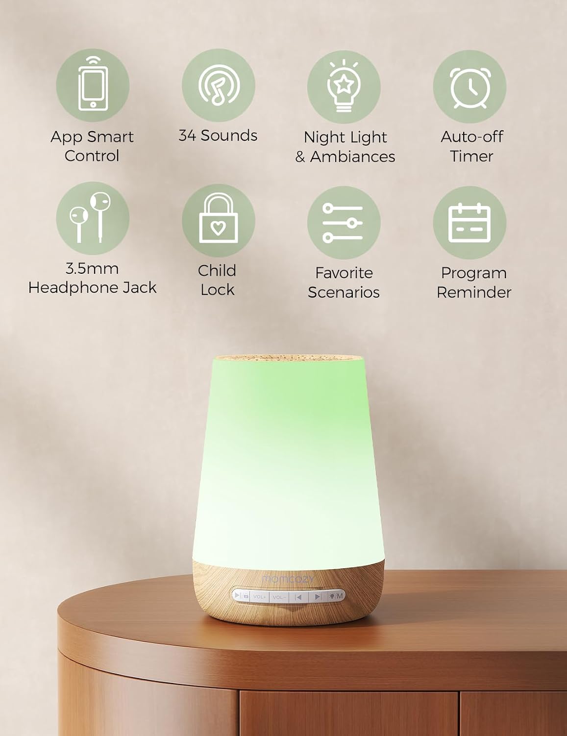 Momcozy Smart Baby Sound Machine - App Remote Control - Wood Grain