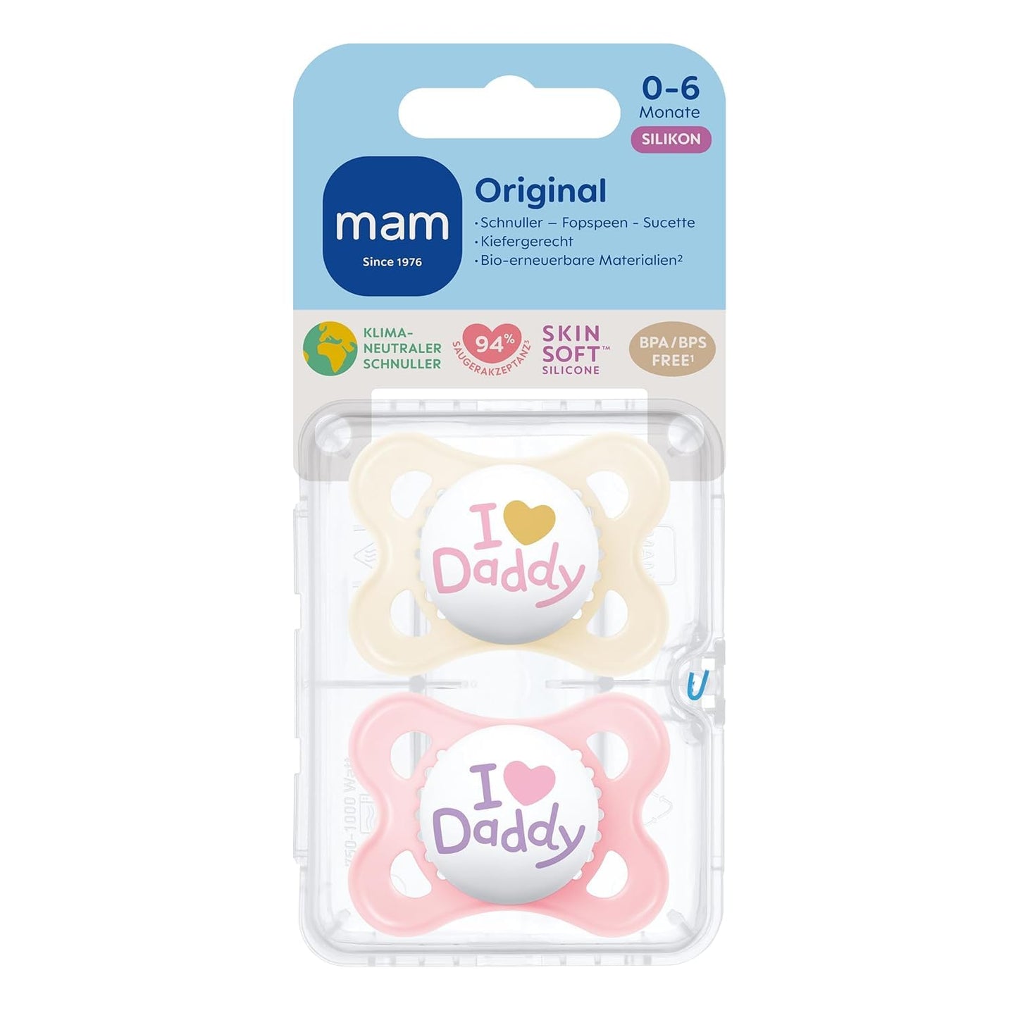 MAM Original - Pack of 2 Skin Soft Silicone Pacifiers - 0-6 Months - Pink/Daddy