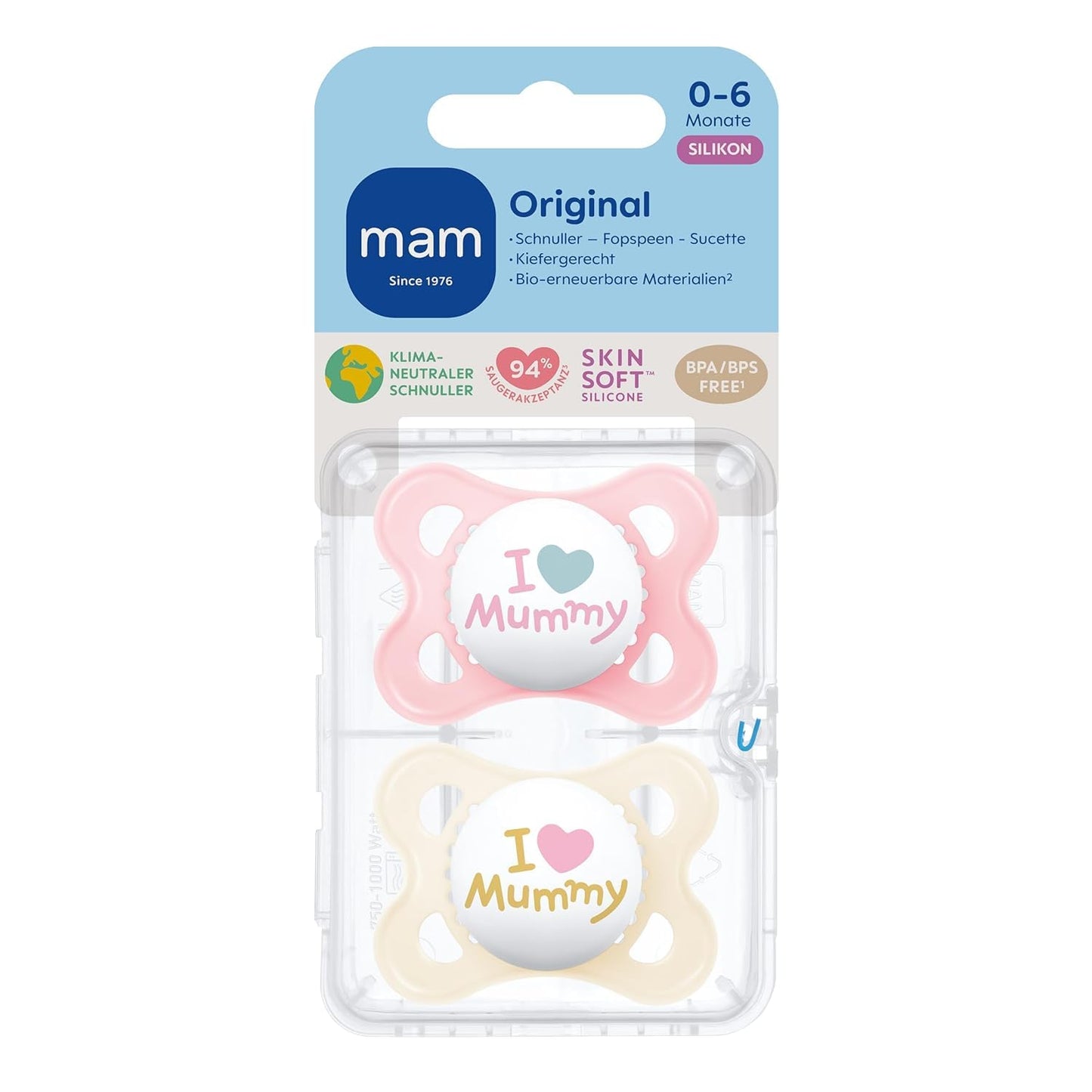 MAM Original - Pack of 2 Skin Soft Silicone Pacifiers - 0-6 Months - Pink/Mummy