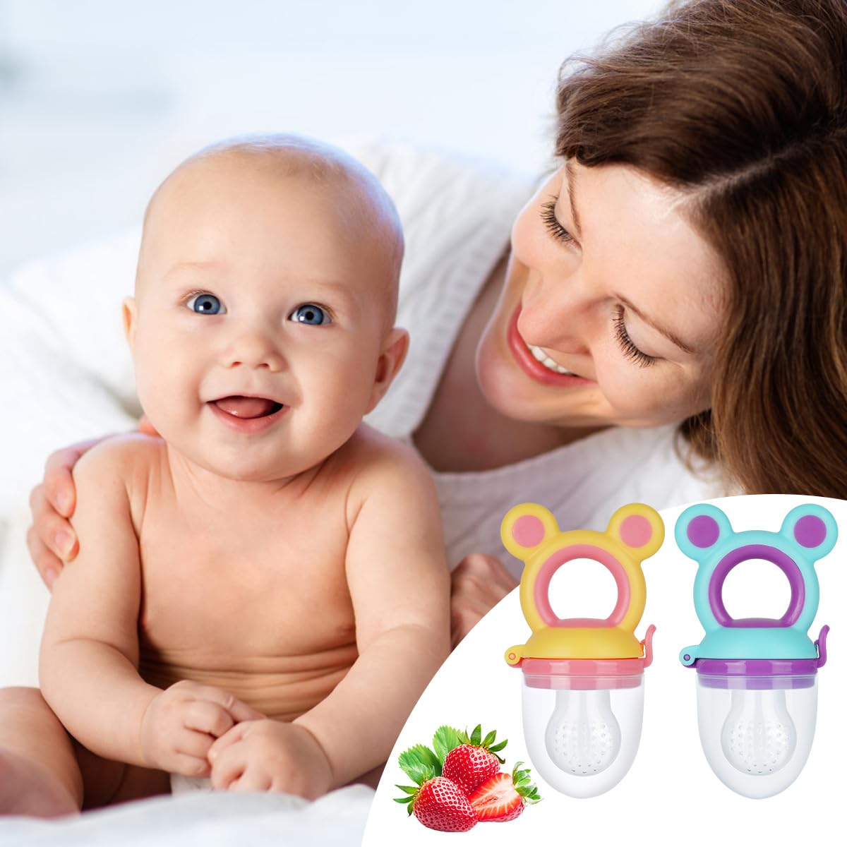 Baby Fruit Biter & spoons set - Bear Style Blue + Yellow