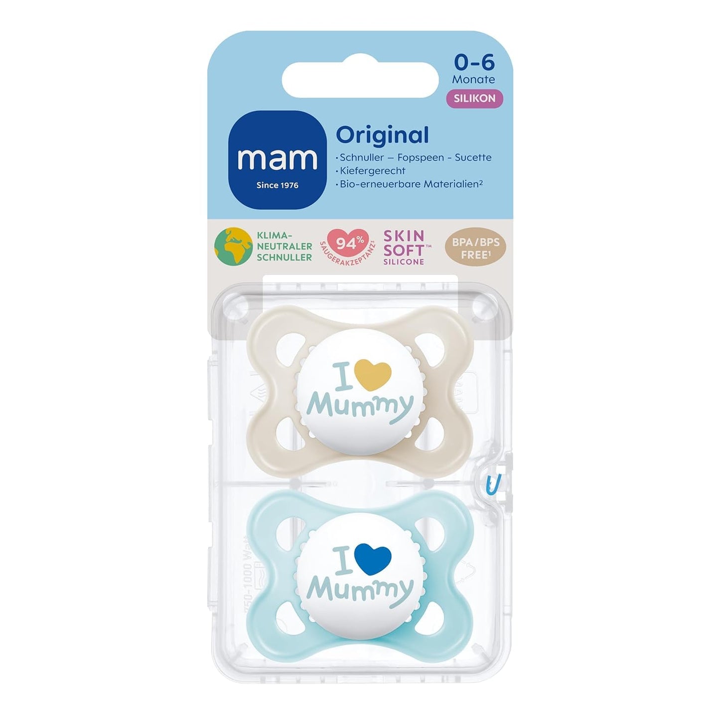 MAM Original - Pack of 2 Skin Soft Silicone Pacifiers - 0-6 Months - Blue/Mummy