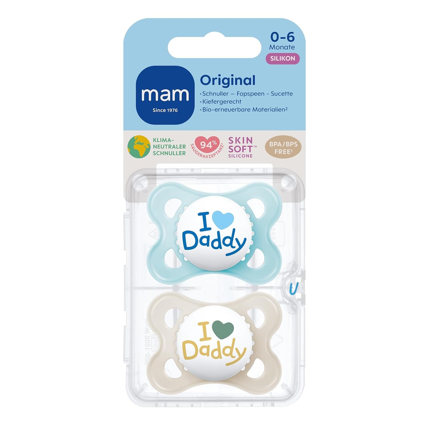 MAM Original - Pack of 2 Skin Soft Silicone Pacifiers - 0-6 Months - Blue/Daddy