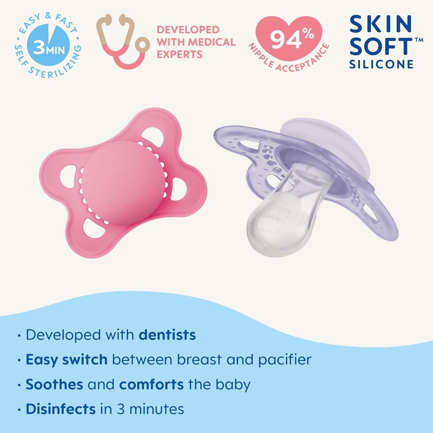 MAM Original - Pack of 2 Skin Soft Silicone Pacifiers - 0-6 Months - Pink