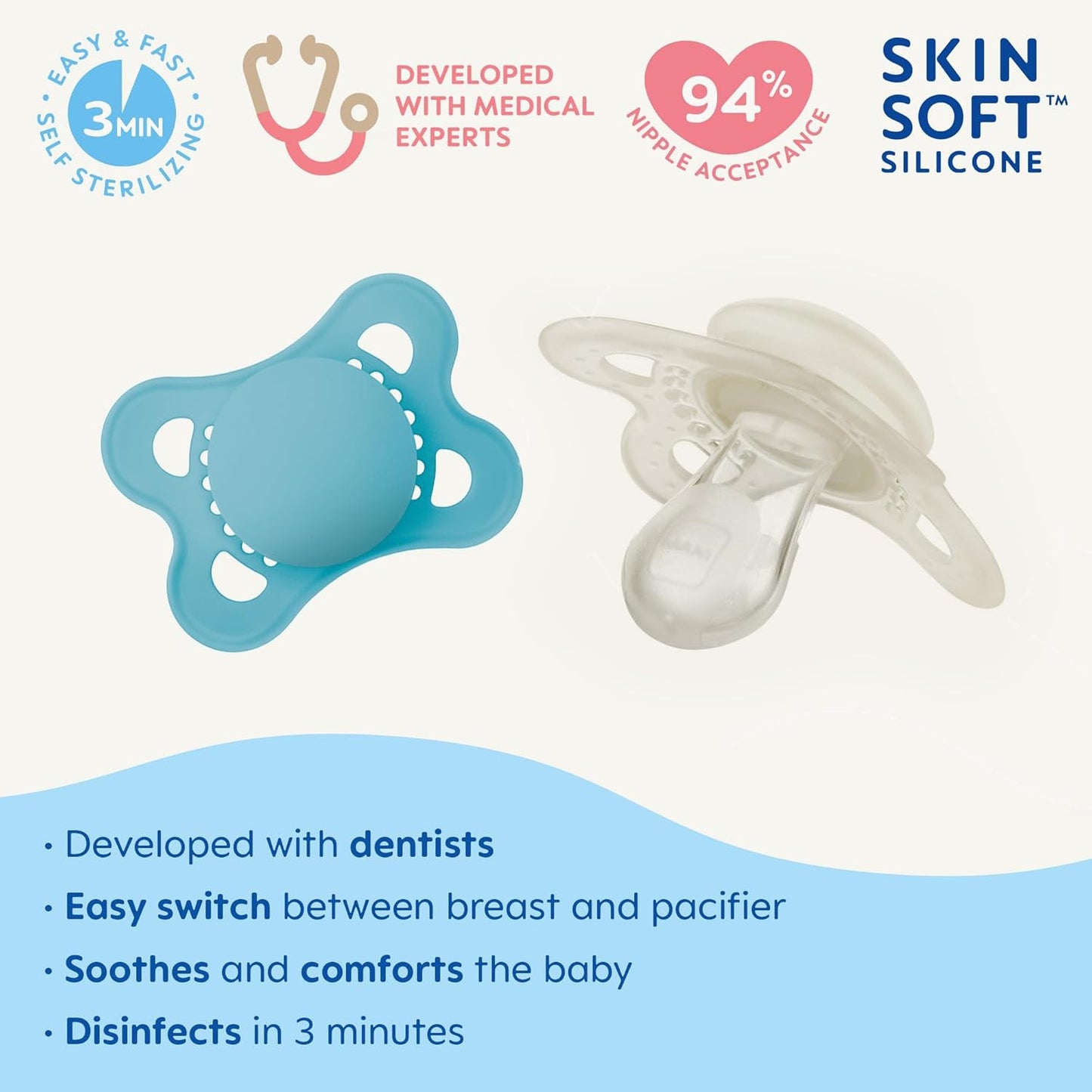 MAM Original - Pack of 2 Skin Soft Silicone Pacifiers - 0-6 Months - Blue