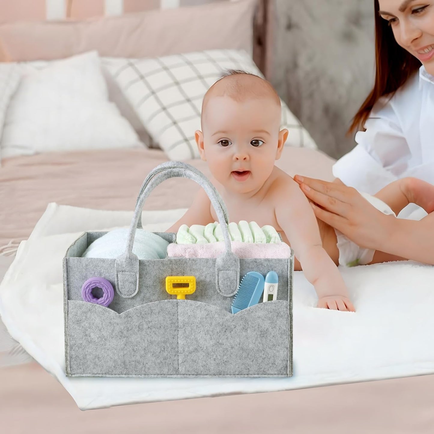 Baby Diaper Caddy Organizer - Divided Storage Basket for Wipes & baby stuff