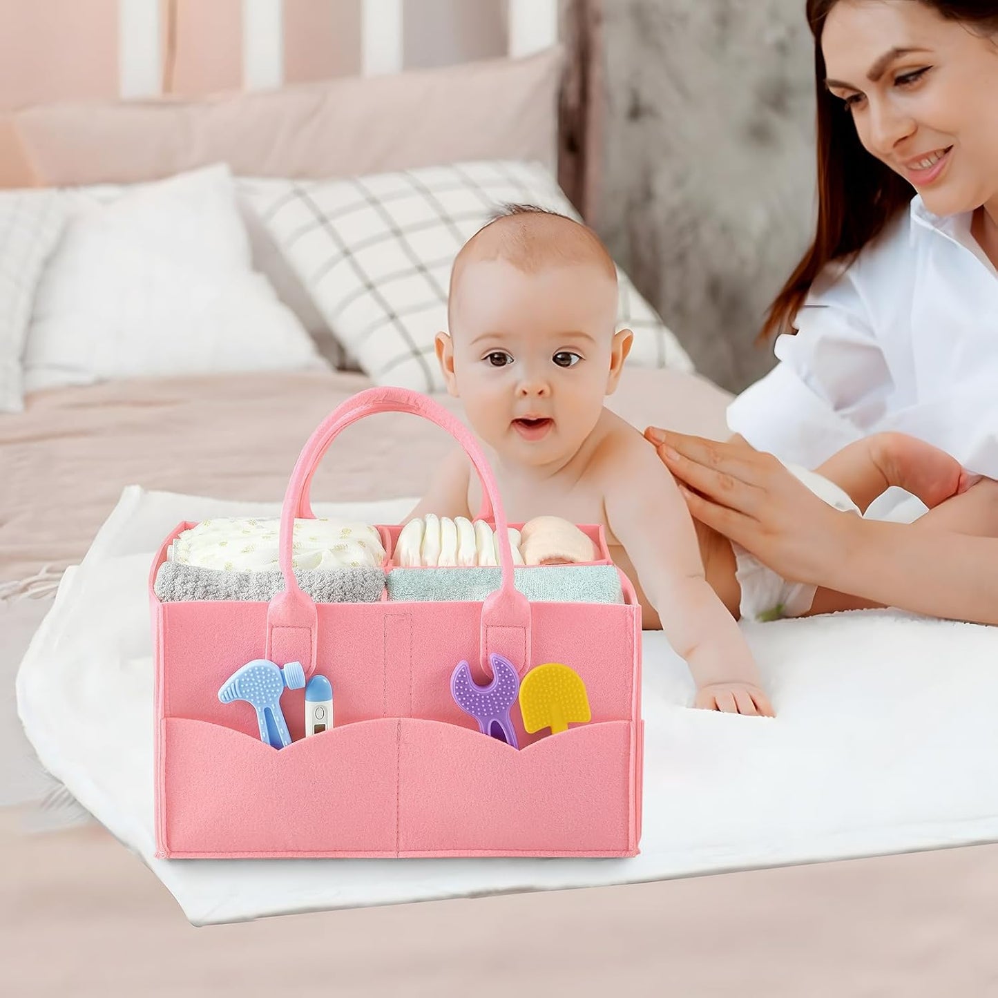 Baby Diaper Caddy Organizer - Divided Storage Basket for Wipes & baby stuff