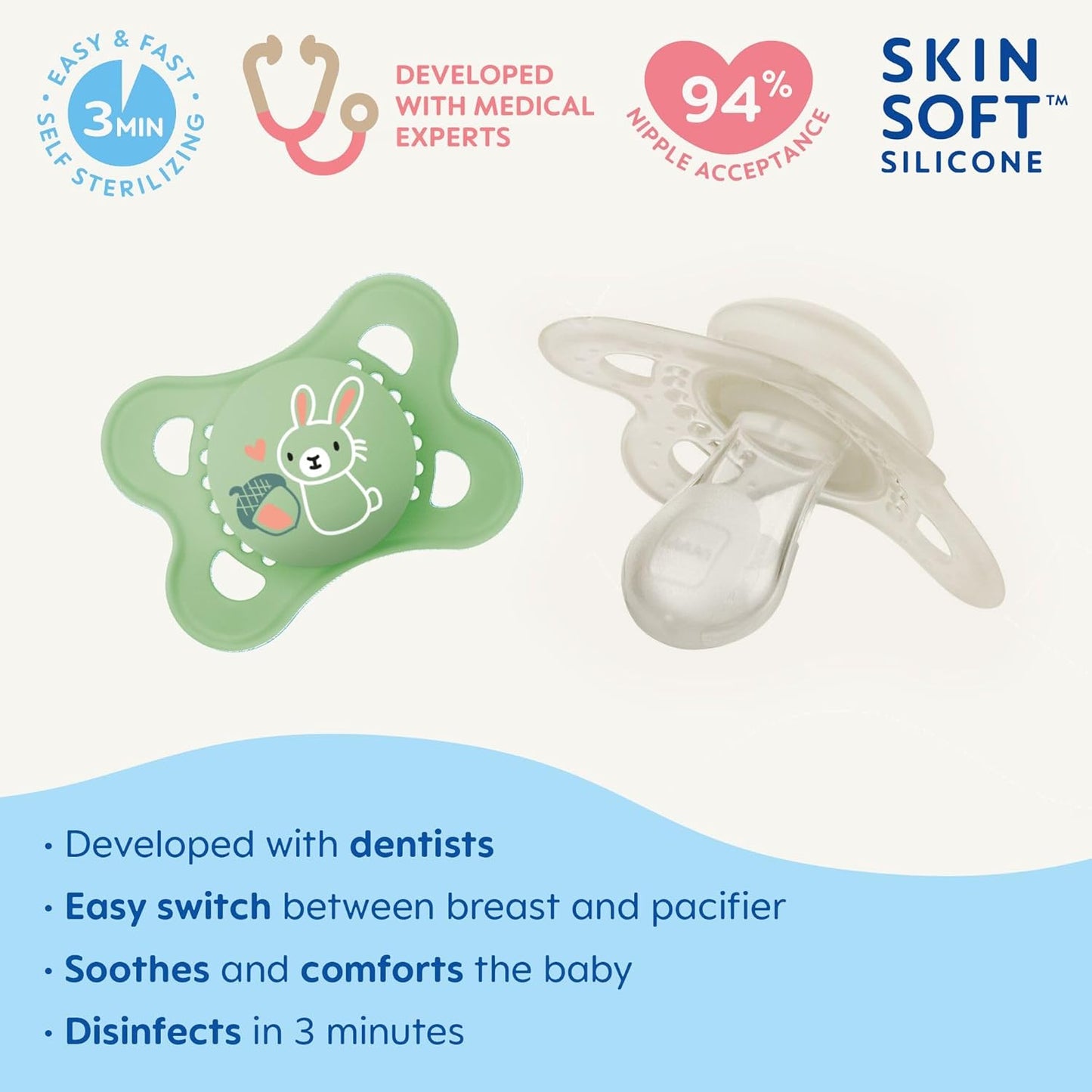 MAM Original - Pack of 2 Skin Soft Silicone Pacifiers - 0-6 Months - Mint