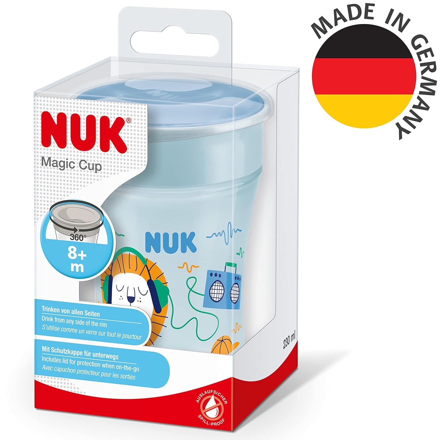 NUK Magic Learning Cup, 8+ Months, Leak-Proof 360° Drinking Rim, Lion (Blue), 230 ml