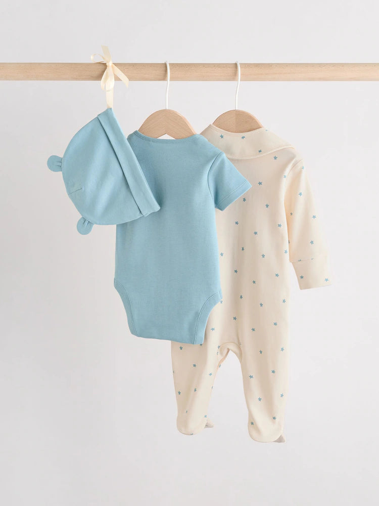 4 Piece Baby Set - Sleepsuit, Bodysuit, Beanie and Bib - Blue