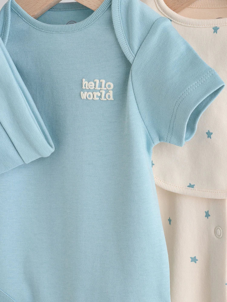 4 Piece Baby Set - Sleepsuit, Bodysuit, Beanie and Bib - Blue