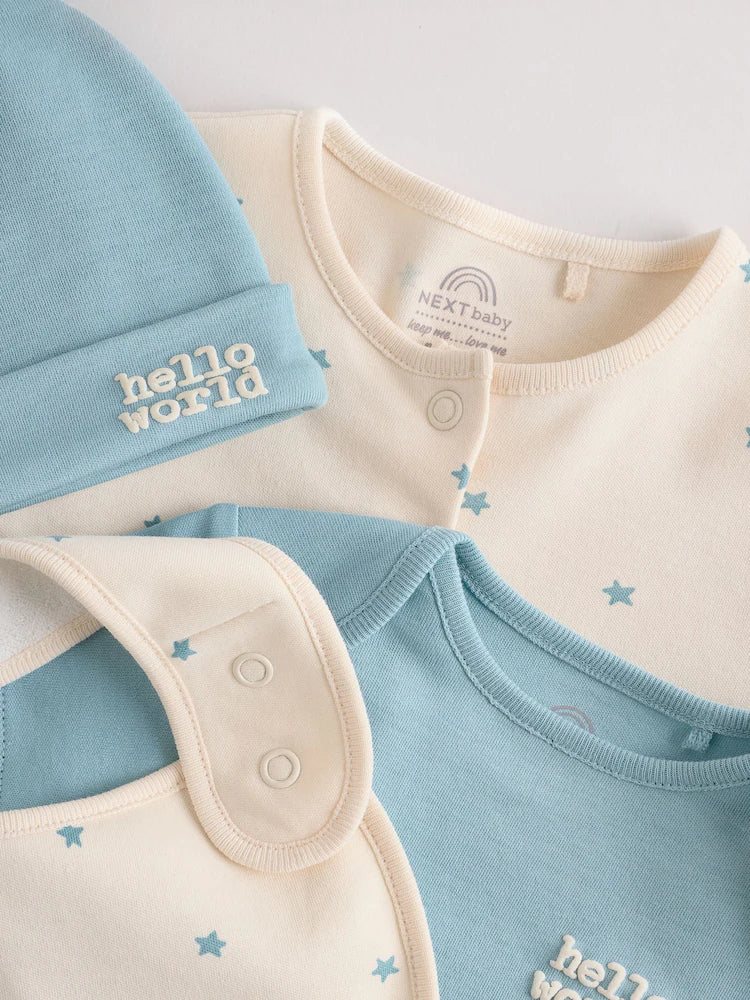 4 Piece Baby Set - Sleepsuit, Bodysuit, Beanie and Bib - Blue