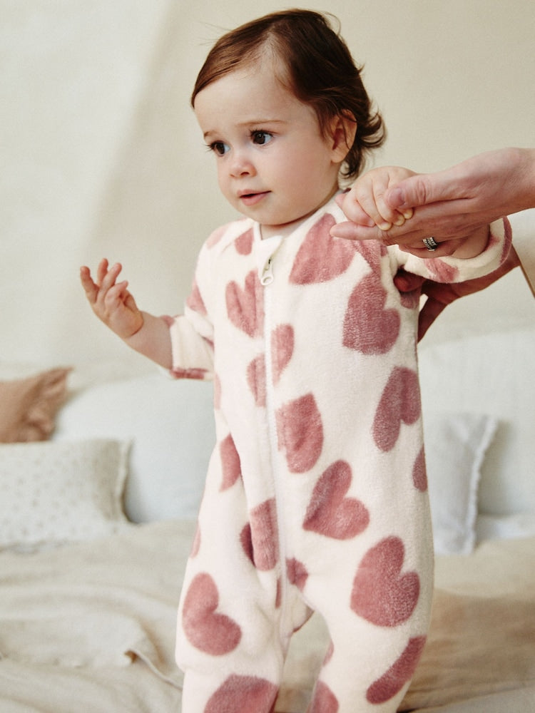 Baby Zip Fleece Sleepsuit - Pink heart