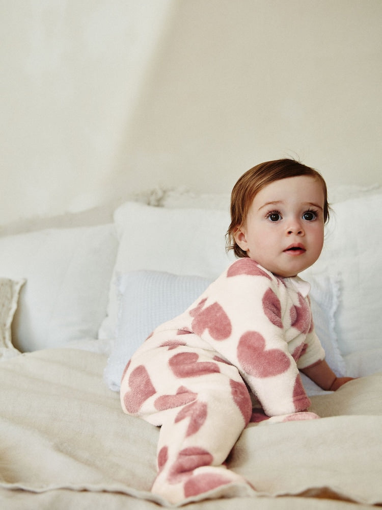 Baby Zip Fleece Sleepsuit - Pink heart