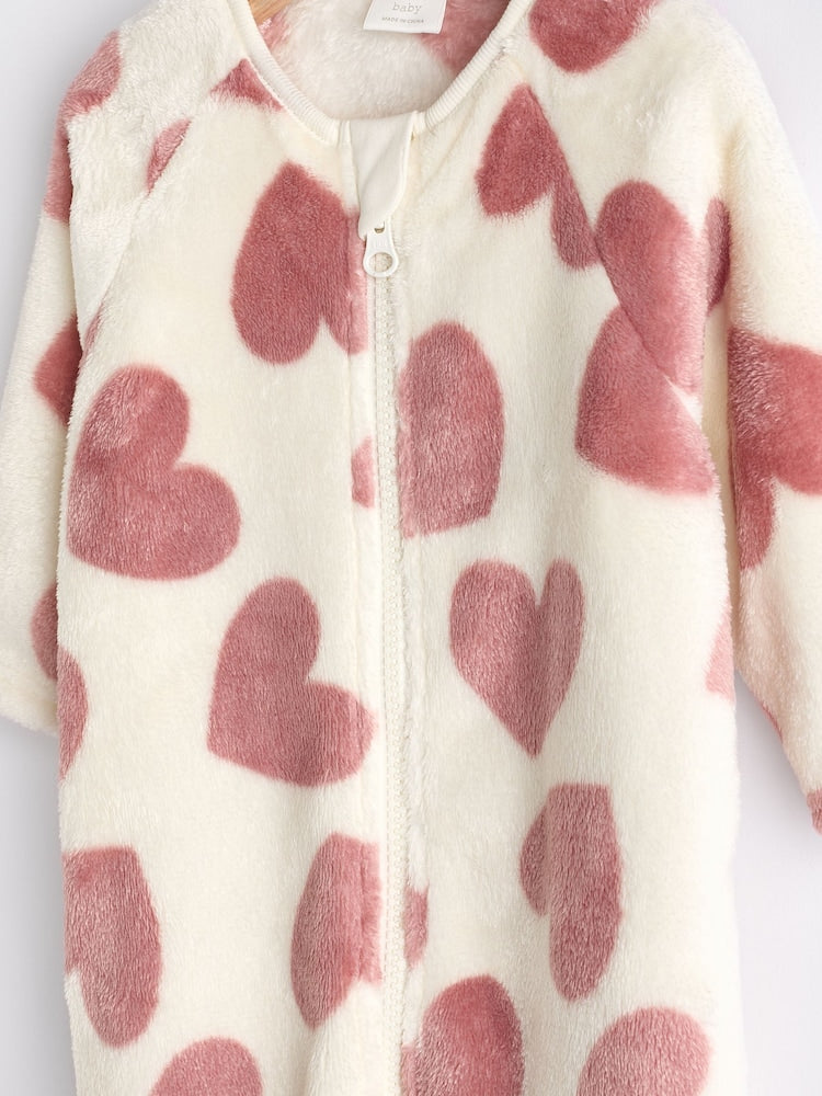 Baby Zip Fleece Sleepsuit - Pink heart