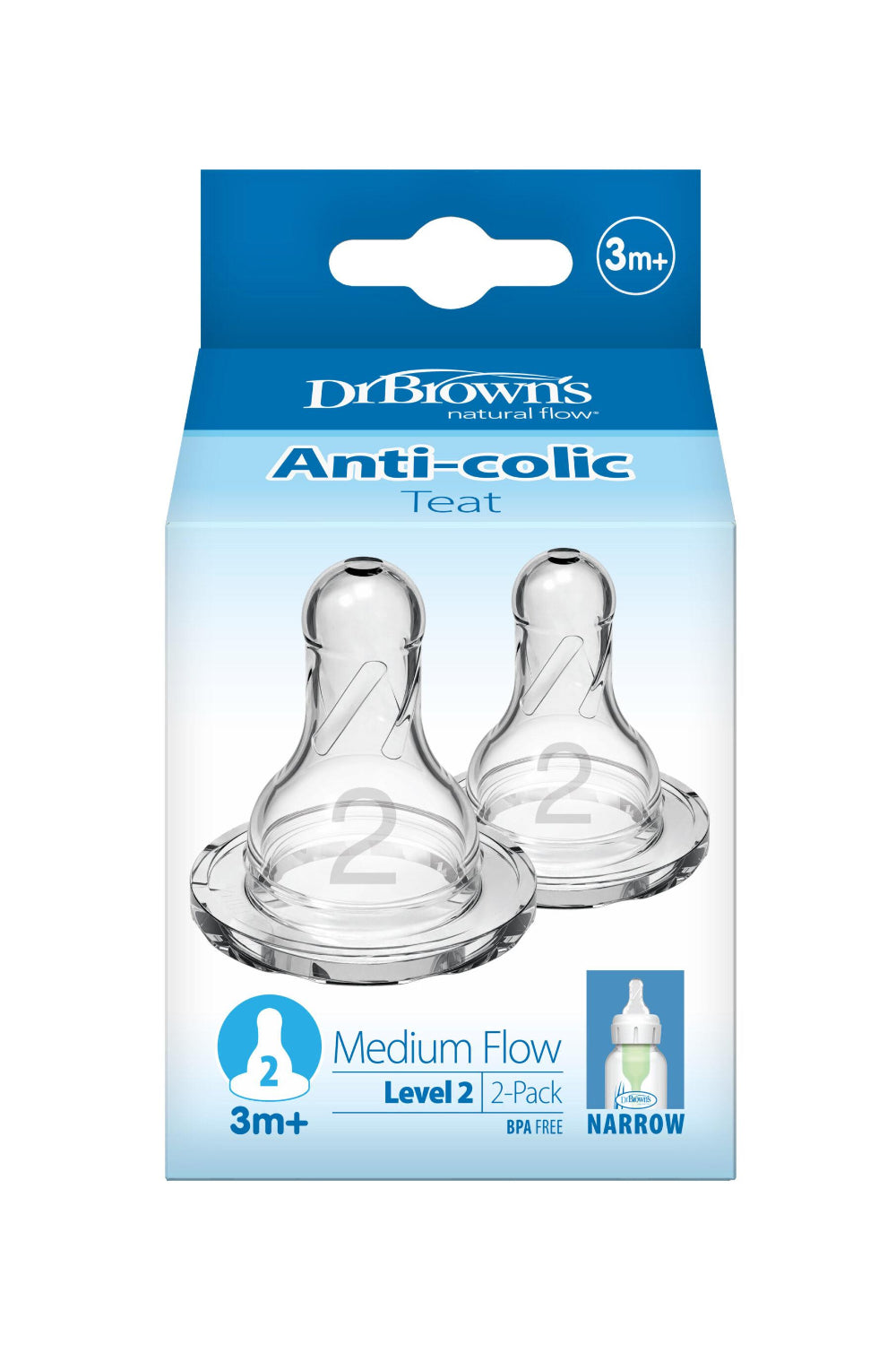 Dr. Brown’s Narrow Neck Options+ Nipple, Level-2 (3m+), 2-Pack