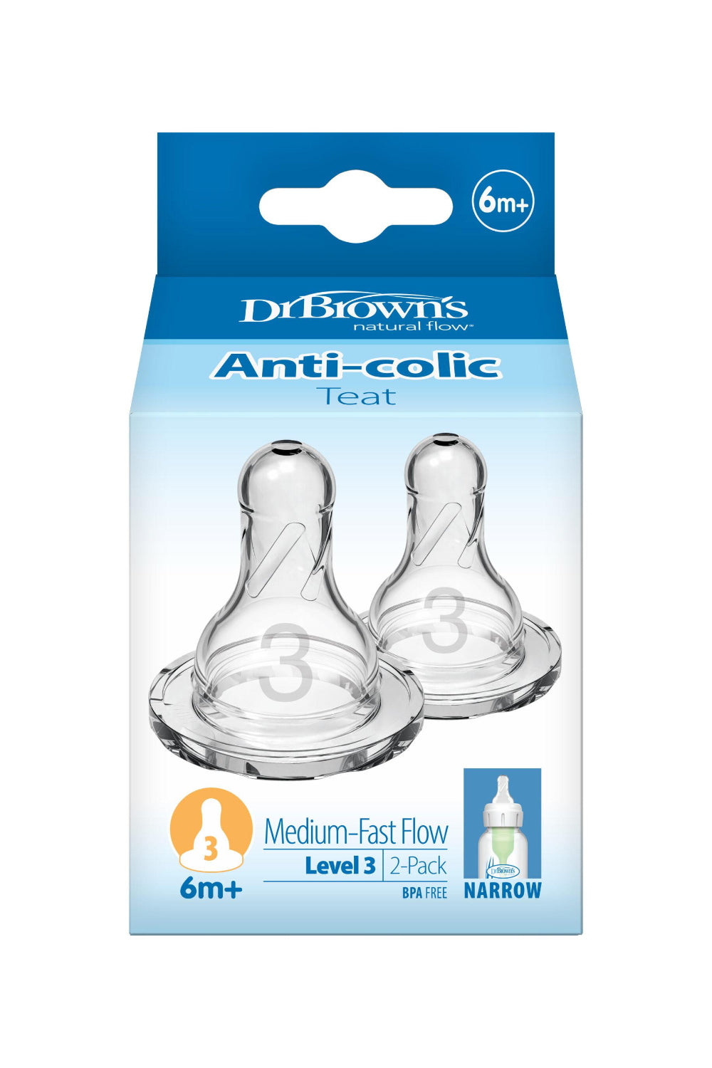 Dr. Brown’s Narrow Neck Options+ Nipple, Level-3 (6m+), 2-Pack