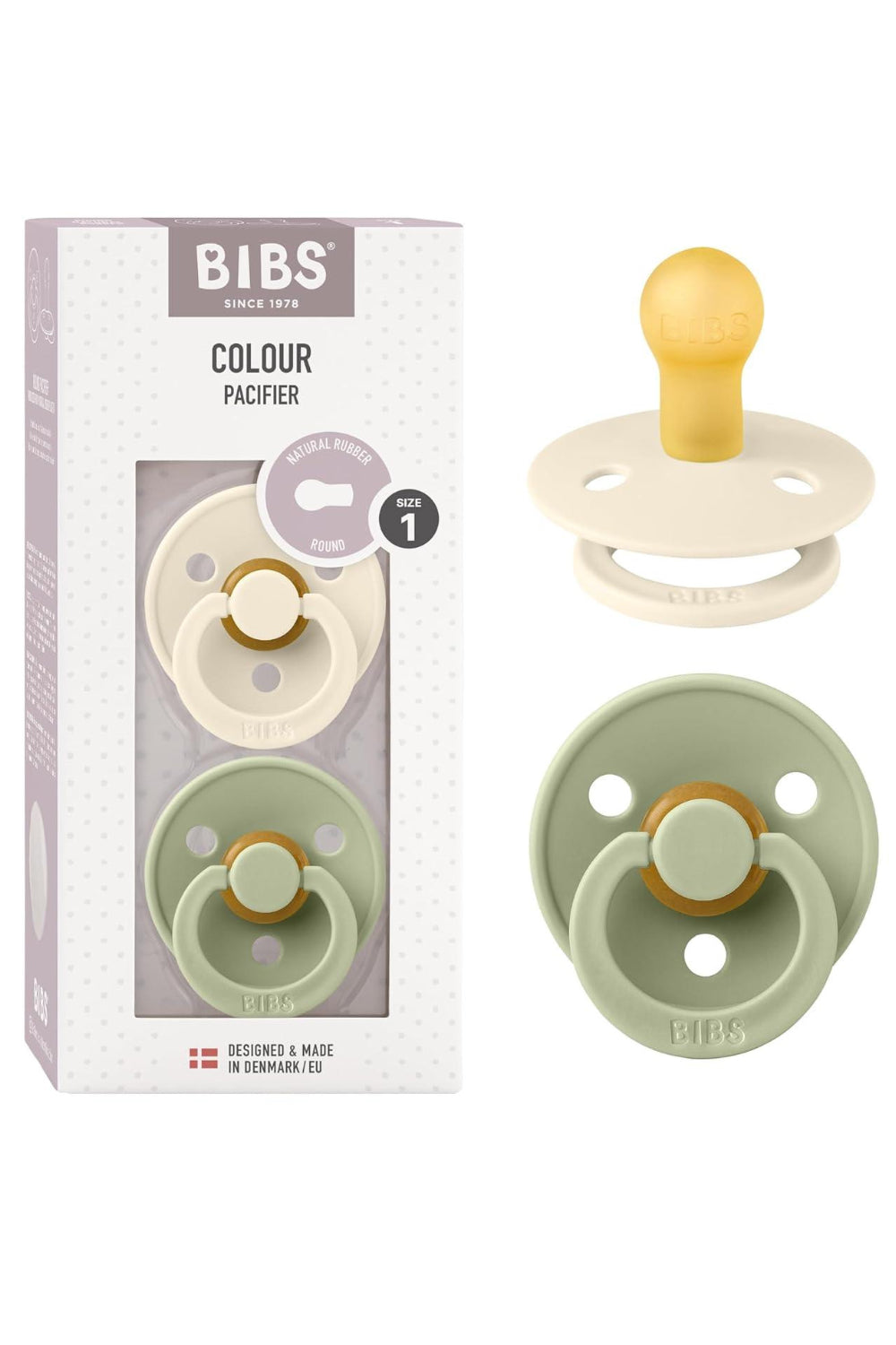 Bibs - Pack of 2 Natural Rubber Pacifiers - Size 1, 0-6 Months - Green/Cream