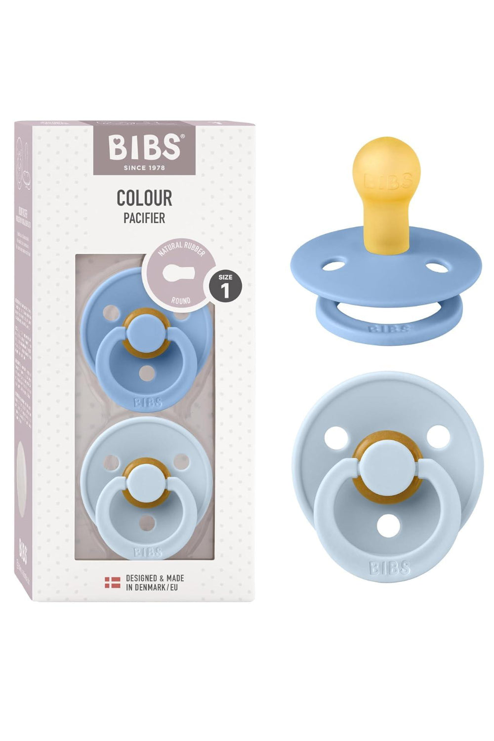 Bibs - Pack of 2 Natural Rubber Pacifiers - Size 1, 0-6 Months - Blue/BabyBlue