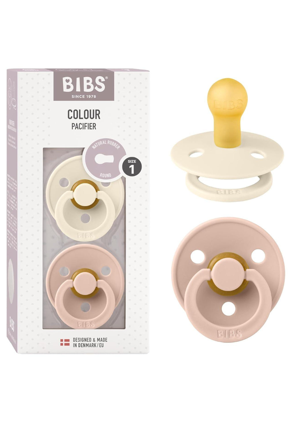 Bibs - Pack of 2 Natural Rubber Pacifiers - Size 1, 0-6 Months - Pink/White