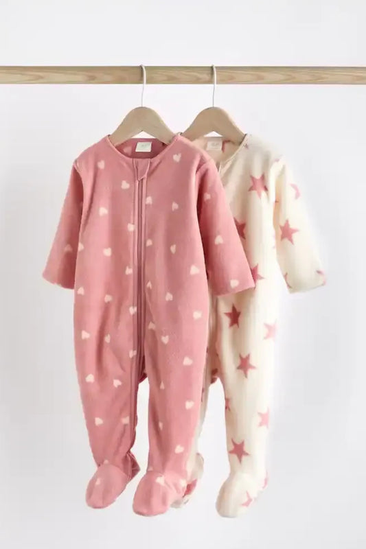 2 Pack Baby Microfleece Sleepsuits - Pink