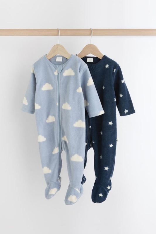 2 Pack Baby Microfleece Sleepsuits - Blue Star