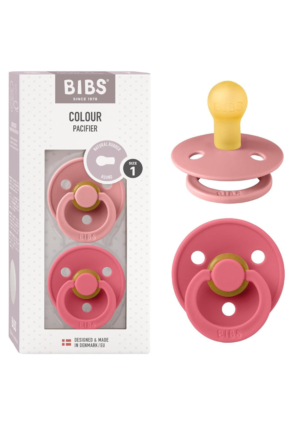 Bibs - Pack of 2 Natural Rubber Pacifiers - Size 1, 0-6 Months - Pink/Coral
