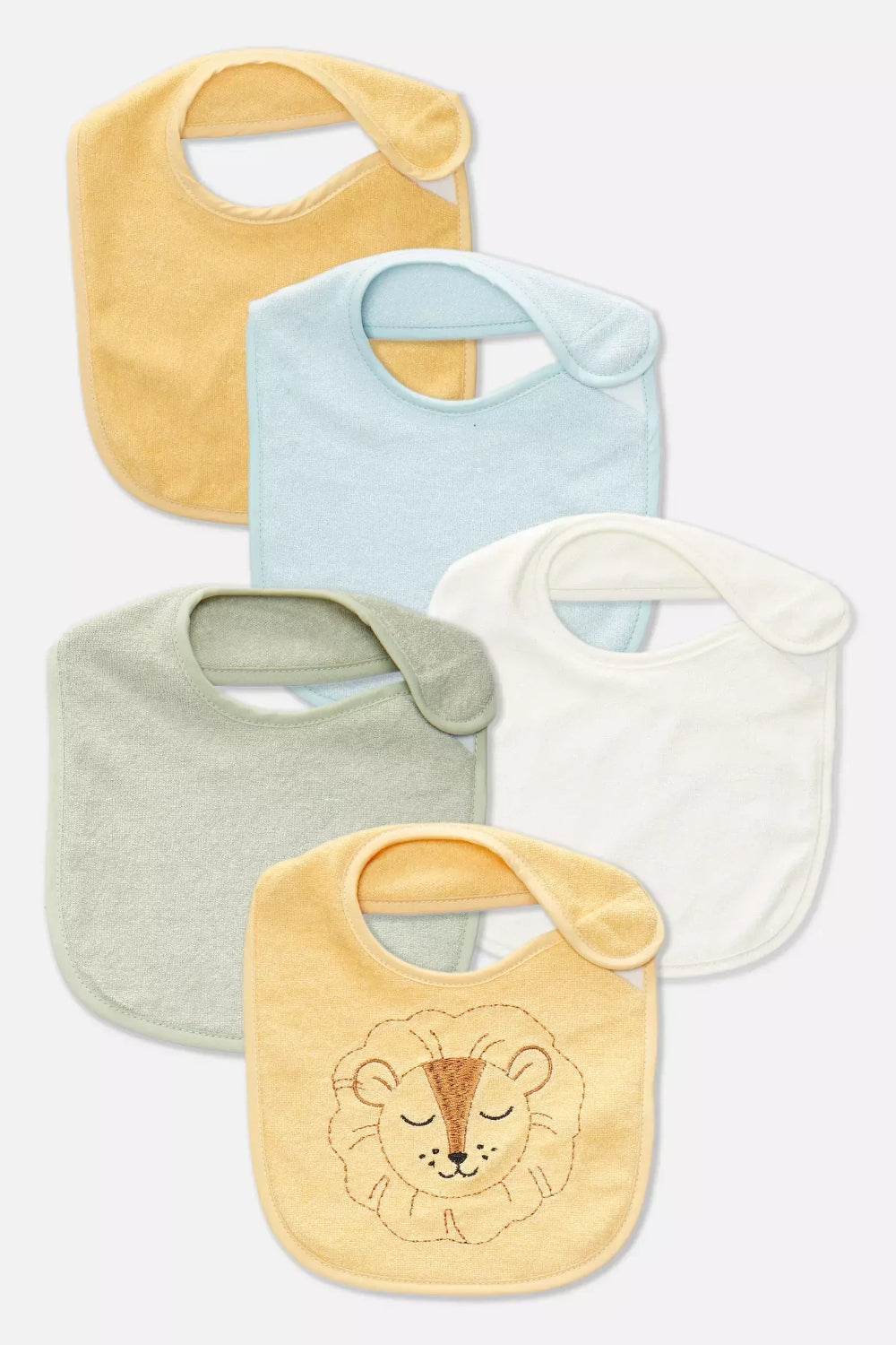 Pack of 5 towelling bibs - Yellow lion