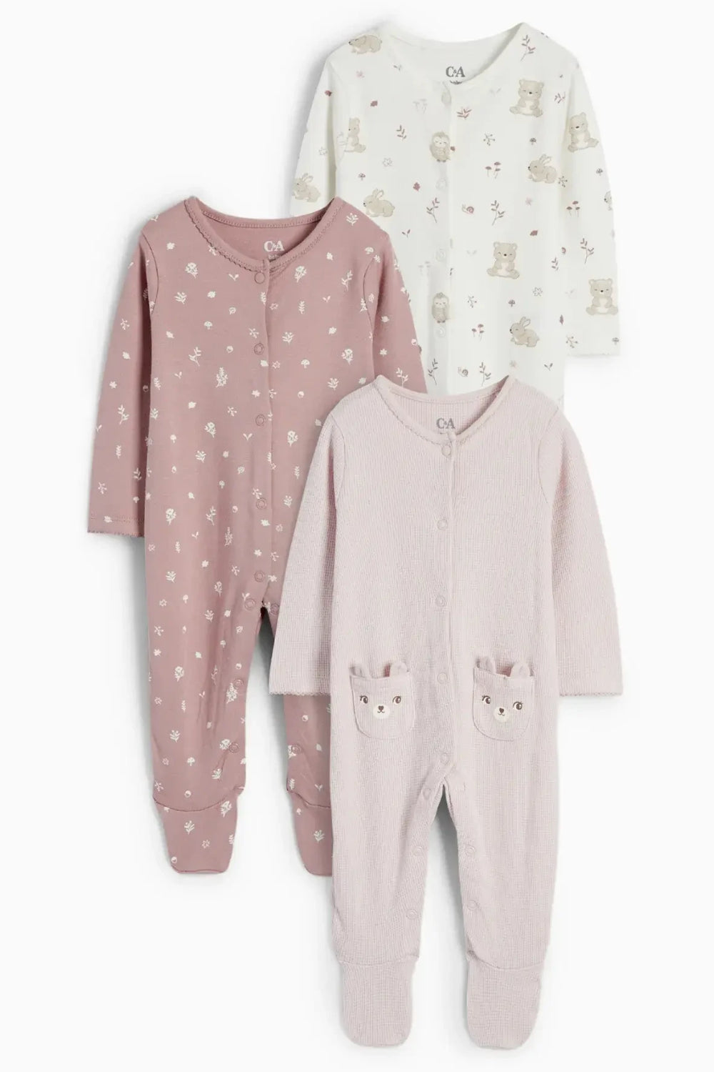 Pack of 3 baby sleepsuits - Flowers & Animals