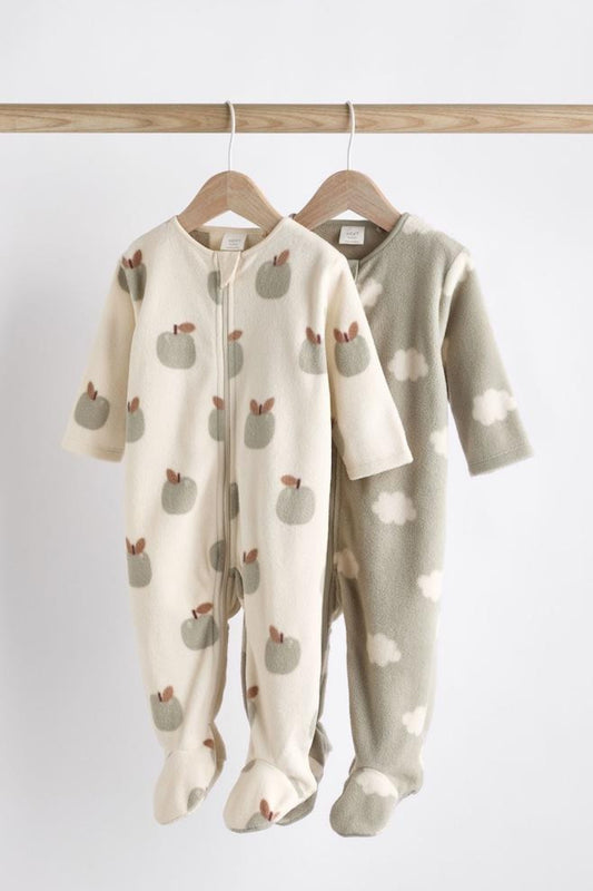 2 Pack Baby Microfleece Sleepsuits - Sage Green