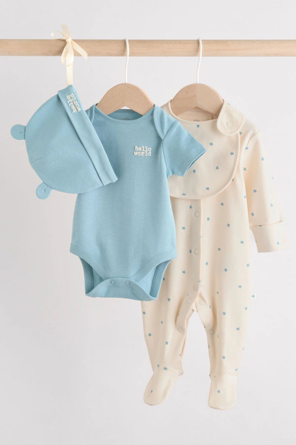 4 Piece Baby Set - Sleepsuit, Bodysuit, Beanie and Bib - Blue