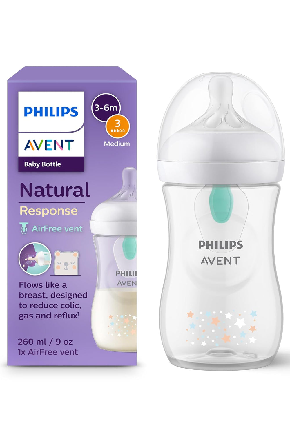 Philips Avent Natural Response - With AirFree Vents - Baby Bottle – 1 Pack, flow 3 ,260ml - Bear starts