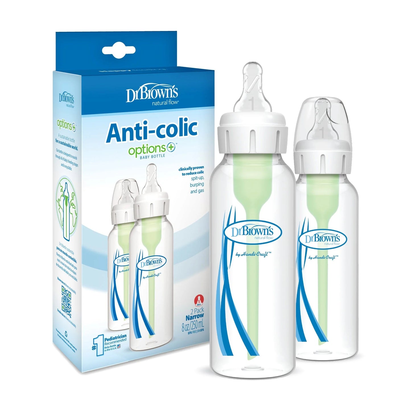 Narrow Neck Options+ Bottle 250ml, Green, 2-pack