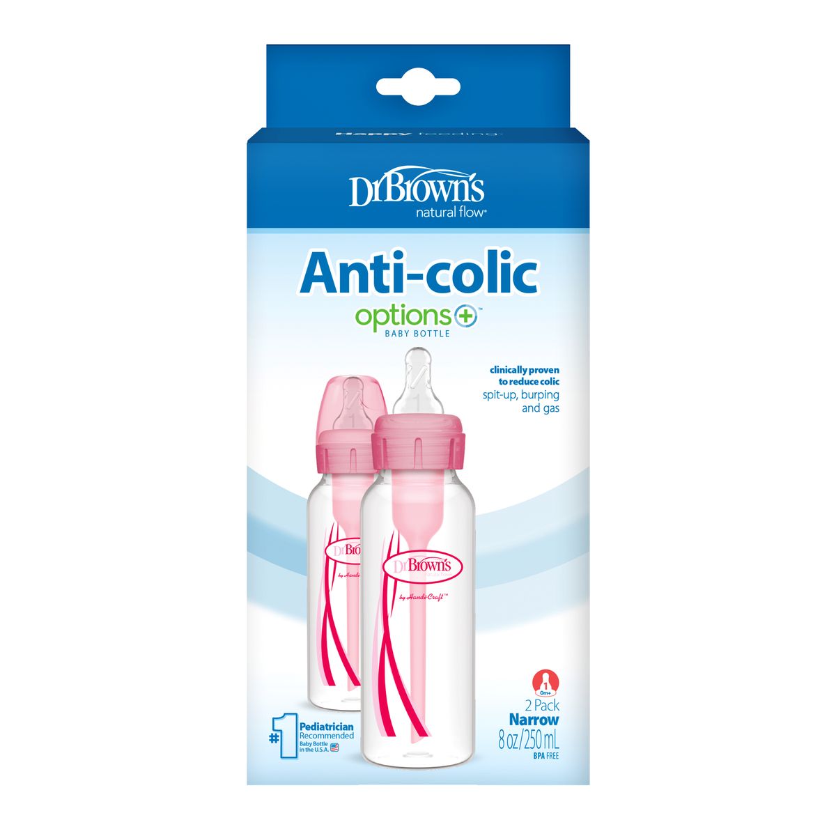 Narrow Neck Options+ Bottle 250ml, Pink, 2-pack