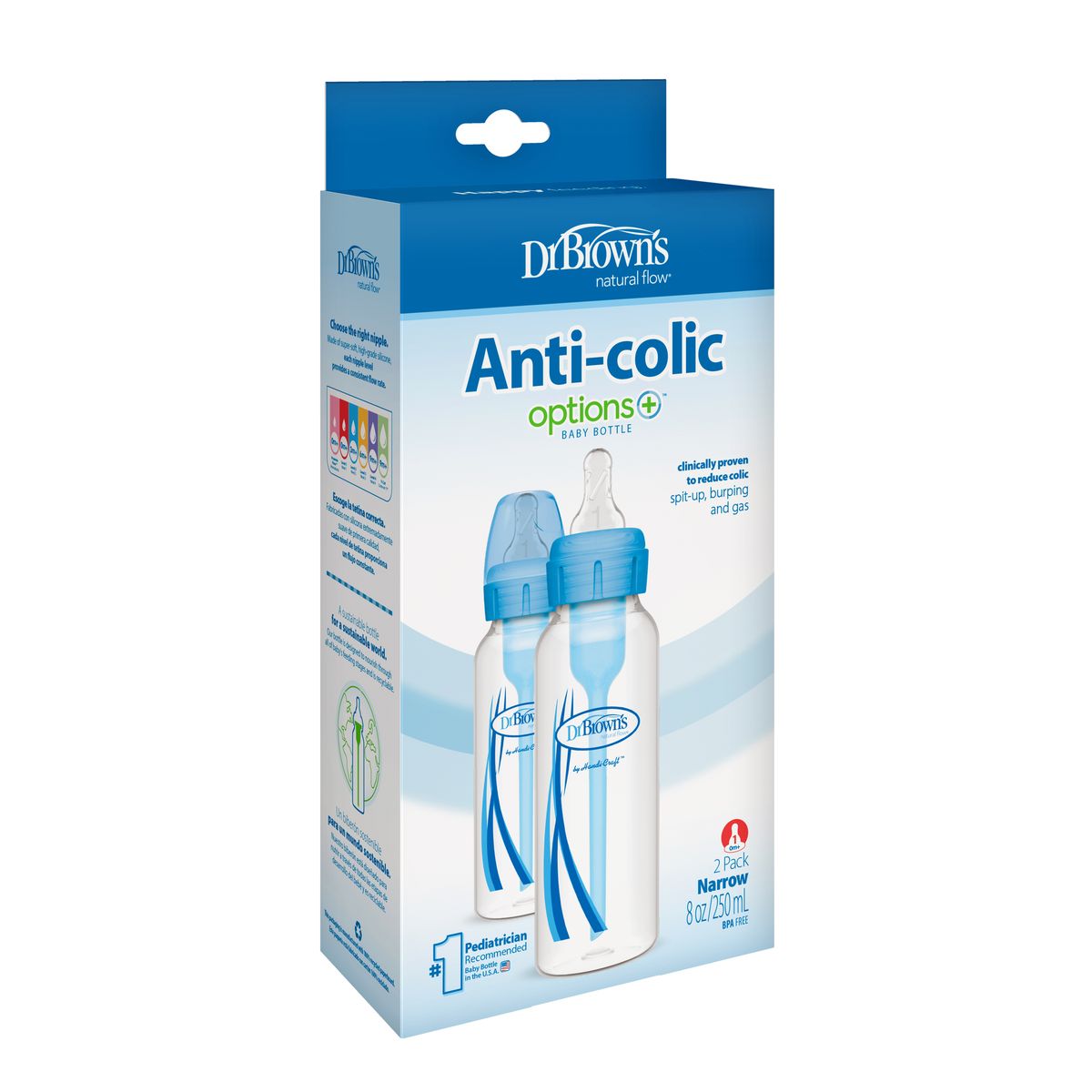 Narrow Neck Options+ Bottle 250ml, Blue, 2-pack
