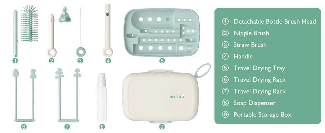 Momcozy - 7 in 1 Travel baby bottle cleaning and drying set