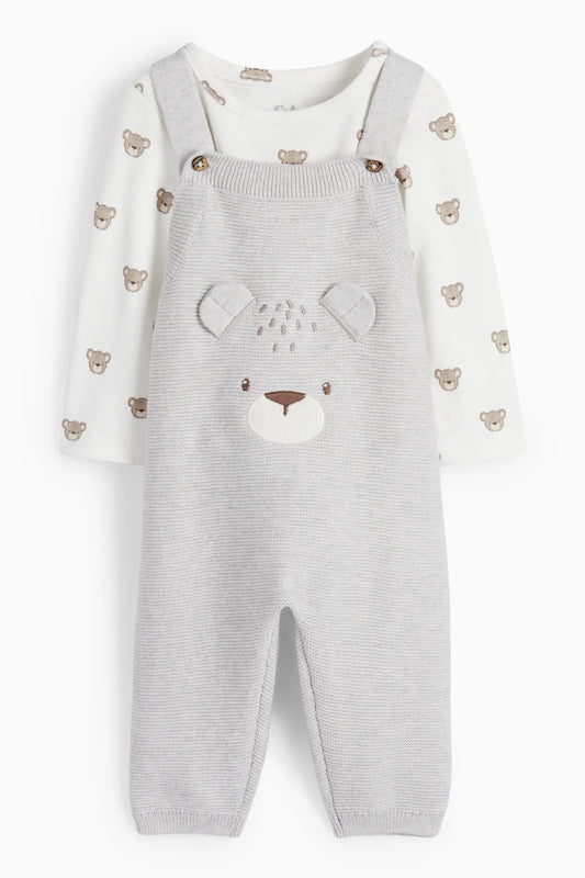 Teddy bear 2 pieces knitted dungarees set