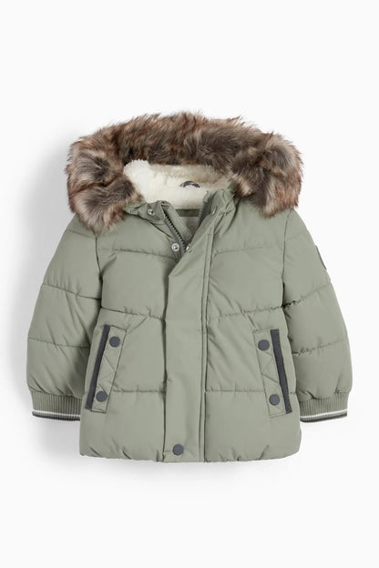 Quilted jacket with hood and faux fur trim - olive