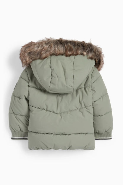 Quilted jacket with hood and faux fur trim - olive