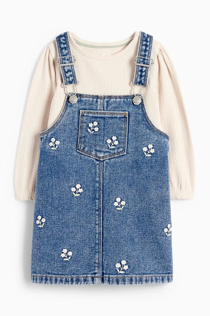 Denim pinafore dress with floral embroidery