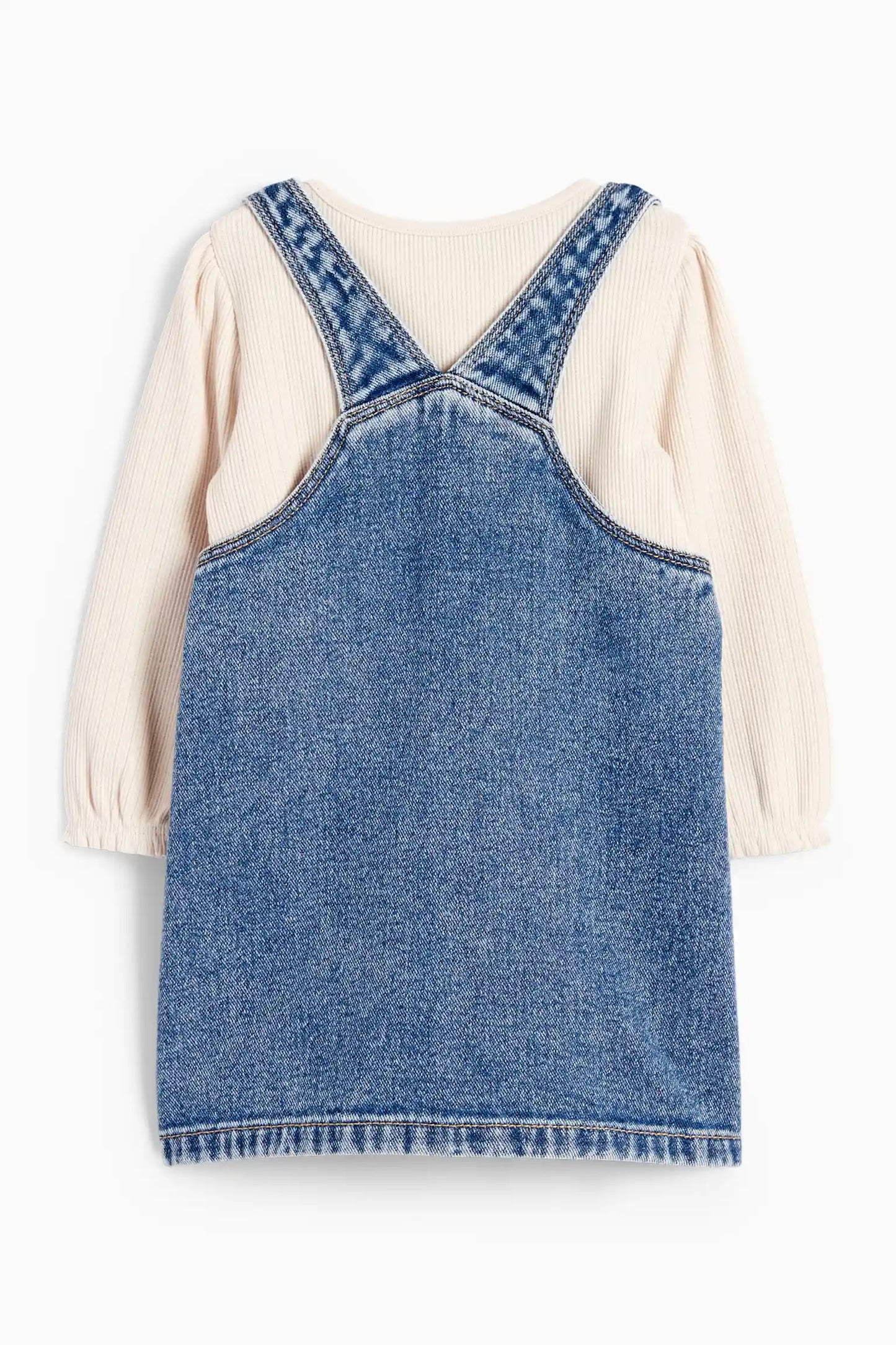 Denim pinafore dress with floral embroidery