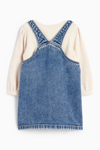 Denim pinafore dress with floral embroidery