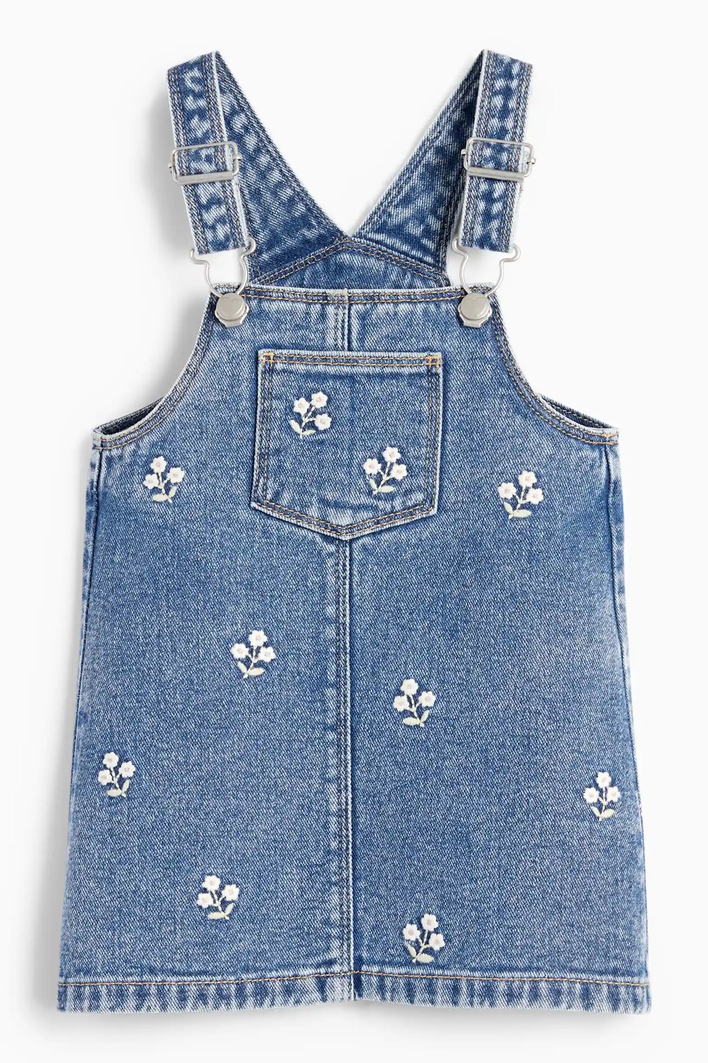 Denim pinafore dress with floral embroidery