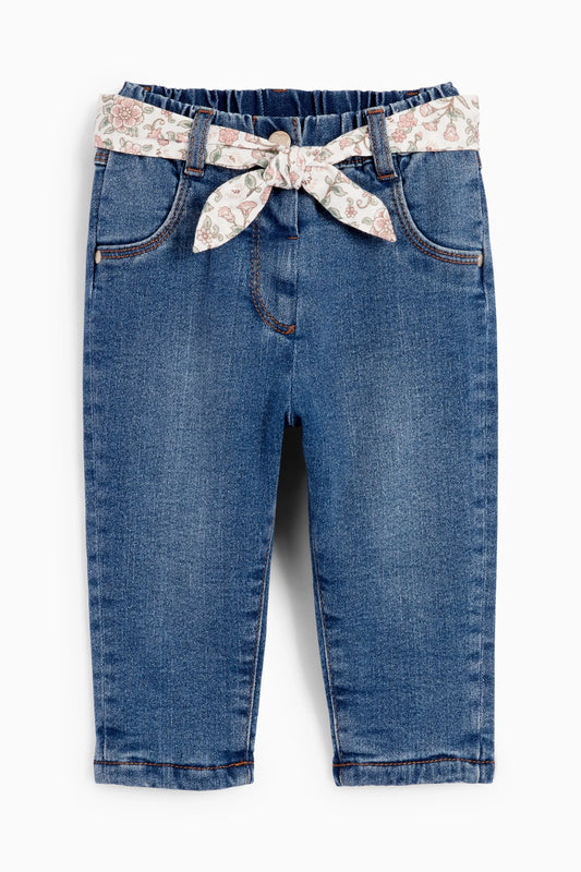 Baby thermal jeans with floral tie belt